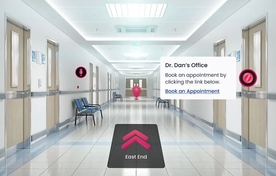 Hospital hallway with AR activations and location pin navigation.