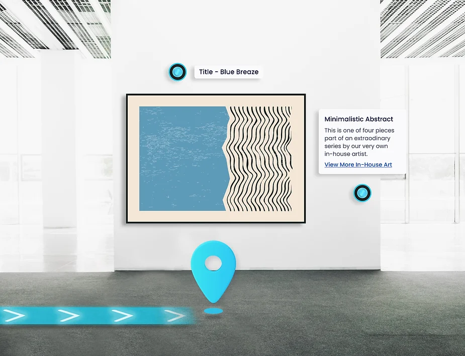 AR navigation path in an art gallery with 2 hotspots describing a painting.