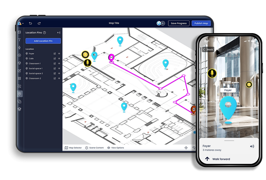 To the left: ARway creator portal with an AR-populated floorplan. To the right: ARway app showcasing the map in use.