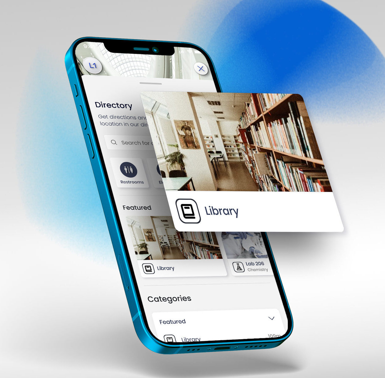 Smartphone displaying ARway.ai's augmented reality wayfinding interface on a university campus, guiding students through educational buildings with virtual directional cues.